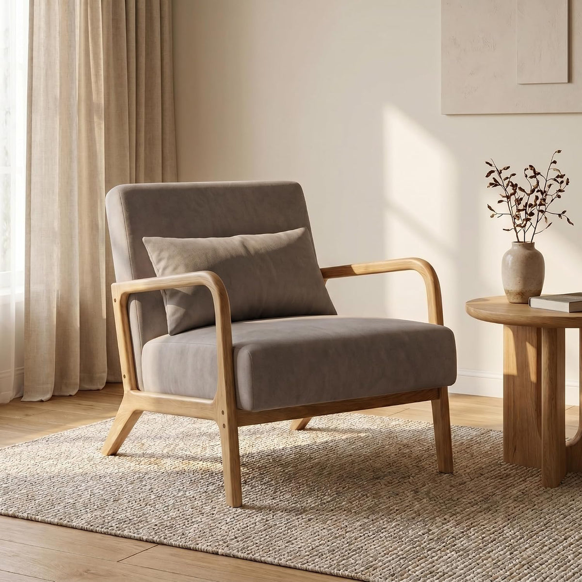Taupe Knit Fabric Accent Armchair with Solid Wood Frame