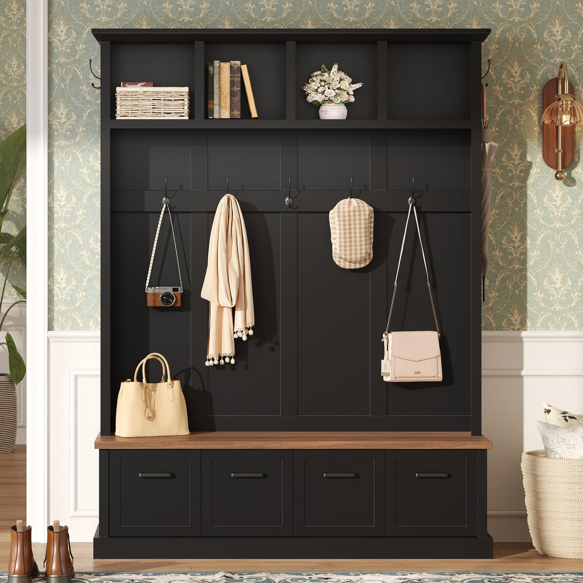 Farmhouse Wood Hall Tree with 6 Hooks and Enclosed Shoe Cabinets, Mudroom Versatile Coat Racks with Open Shelves