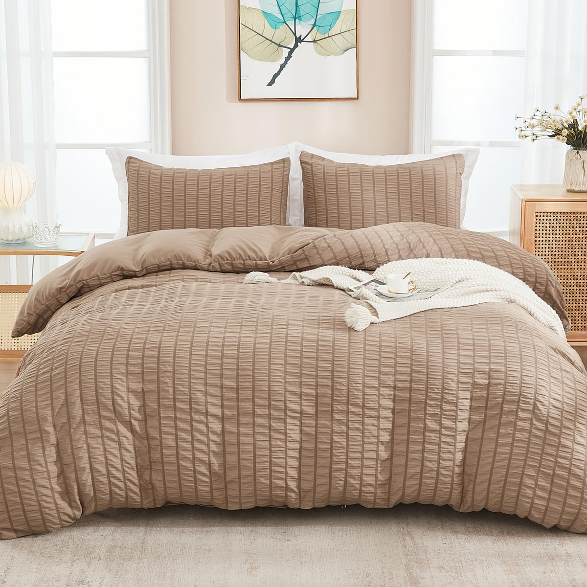Taupe Duvet Cover (104 x 90 inches), 3 Pieces (1 Duvet Cover, 2 Pillow Cases), Seersucker Striped Soft Washed