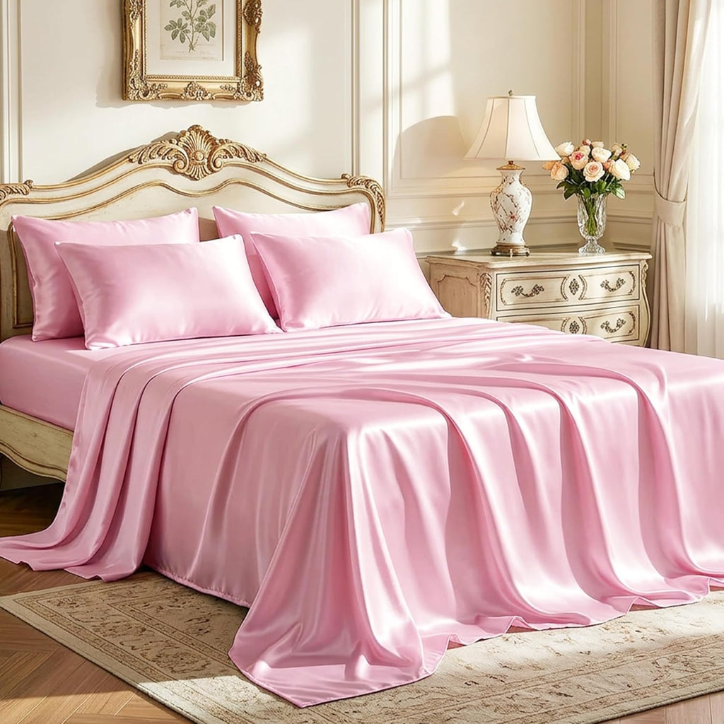 Satin King Sheet Sets - 4 Piece Pink Silky Sheets King Bed Set with Deep Pocket, Luxury Silk Feel King Satin Sheet