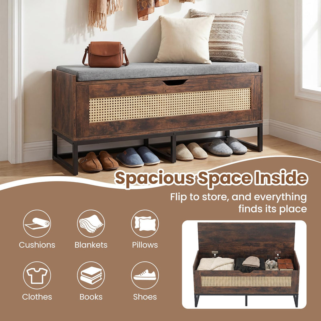 Rattan Shoe Bench, Flip-Top Entryway Bench with Removable Padded Seat & Hidden Storage, Wooden Shoe Storage Chest