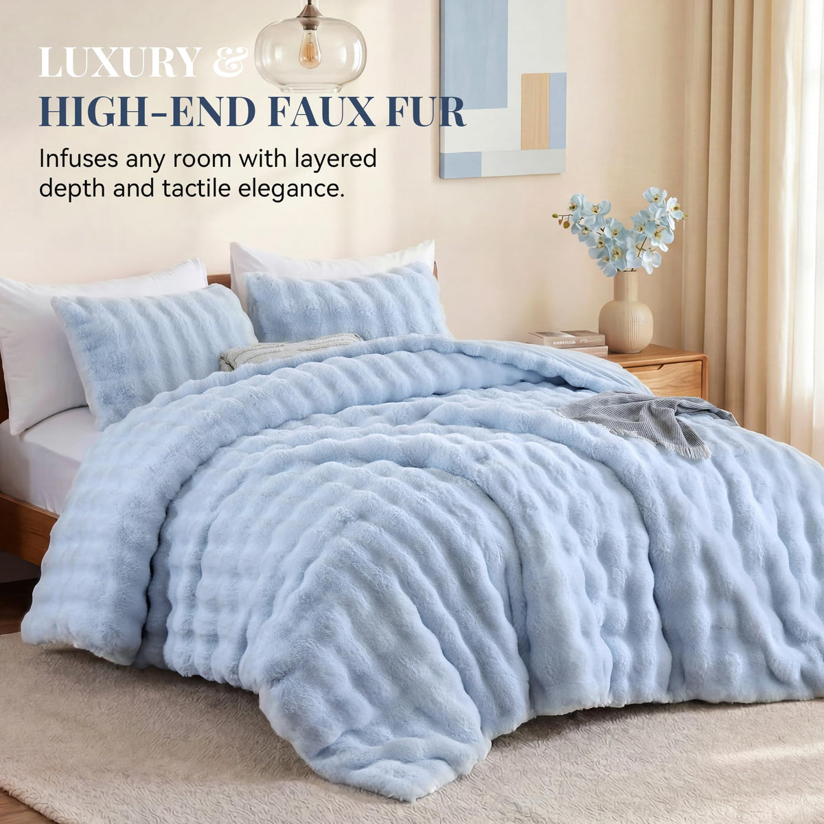Fluffy Faux Rabbit Fur Bubble Comforter - Light Blue