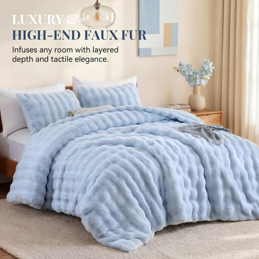 Fluffy Faux Rabbit Fur Bubble Comforter - Light Blue