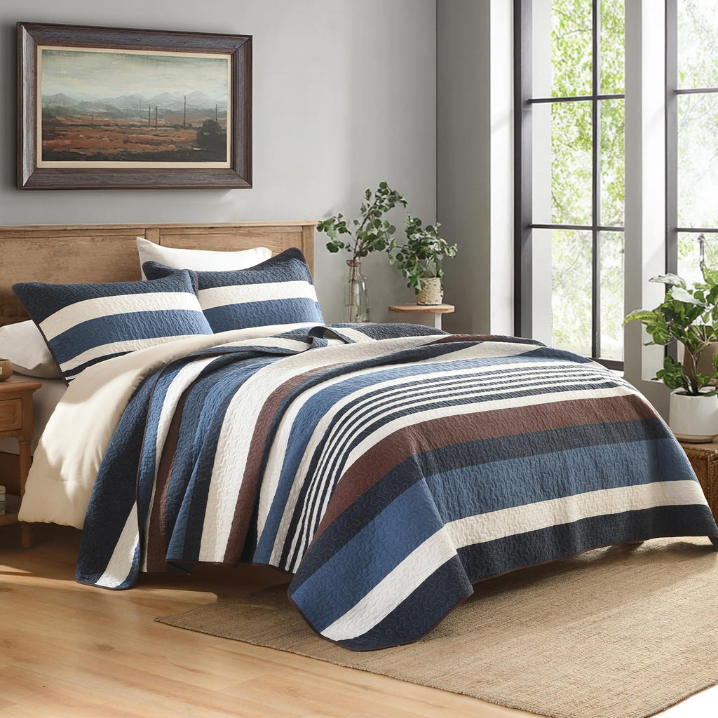 Quilts, Blue Brown/Cream Striped Design Quilt Set