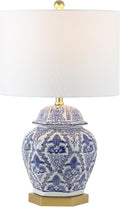 25" Blue/White Classic Traditional Ginger Jar Ceramic LED Table Lamp, Chinoiserie Table Lamp Bedroom, Gold Base