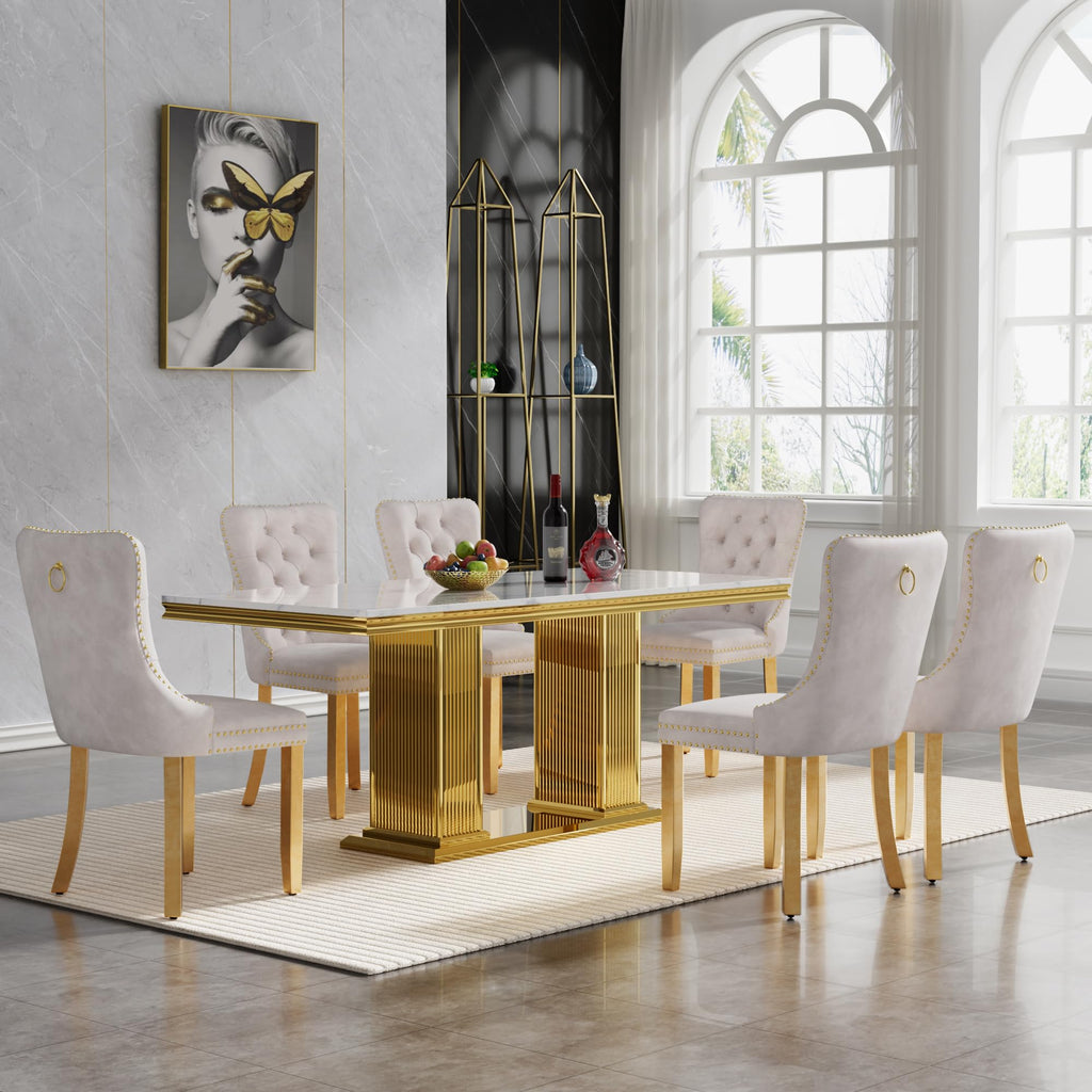 68" Faux Marble White Gold Dining Table for 6, Modern Dining Room Table with 0.71" Marble Printing MDF Top and Dual