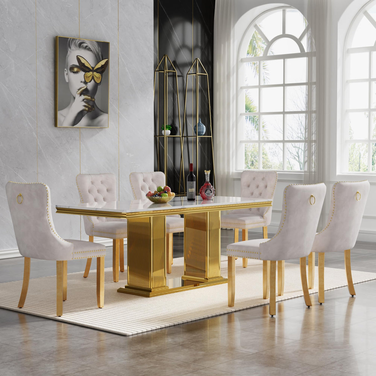 68" Faux Marble White Gold Dining Table for 6, Modern Dining Room Table with 0.71" Marble Printing MDF Top and Dual