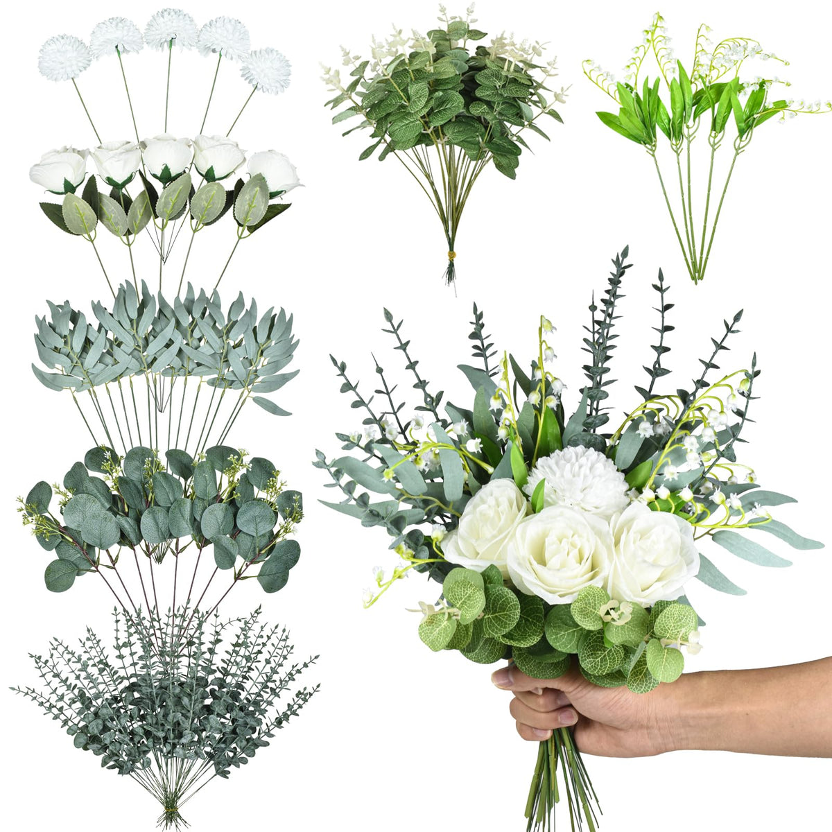 100 Pcs Mixed Eucalyptus Stems, Artificial Greenery for Vase