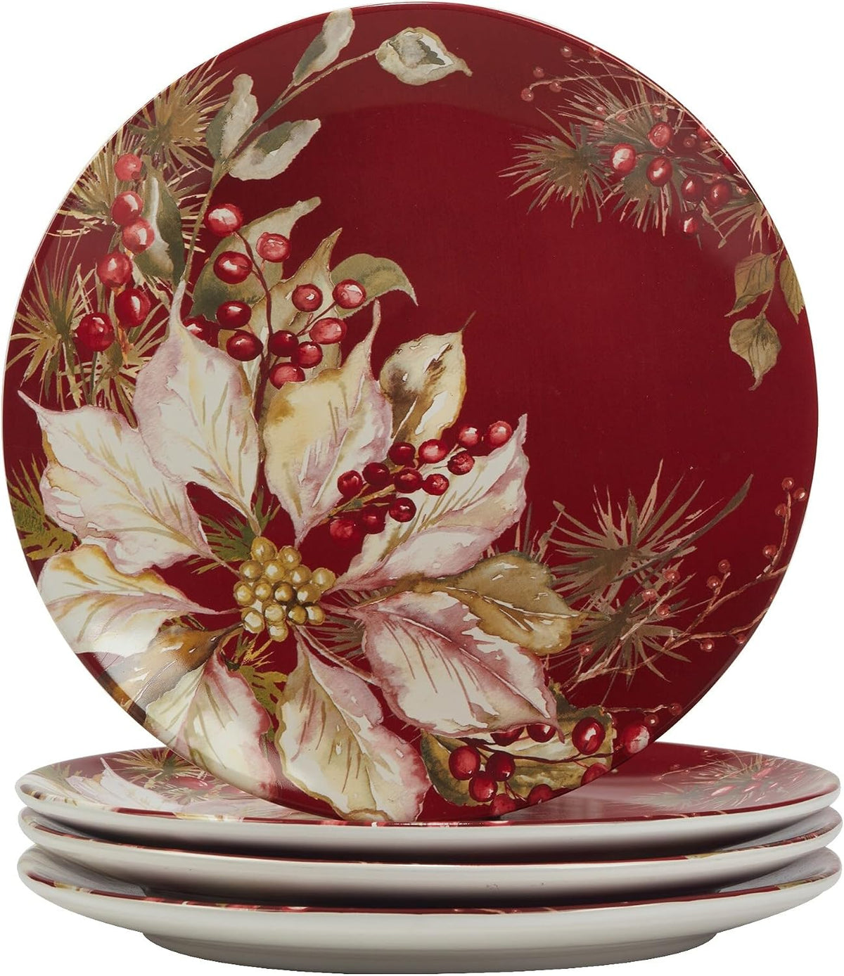Winters Joy 16 Piece Dinnerware Set Service for 4 Multi Color Red White Holiday Casual Round Ceramic Dishwasher Safe