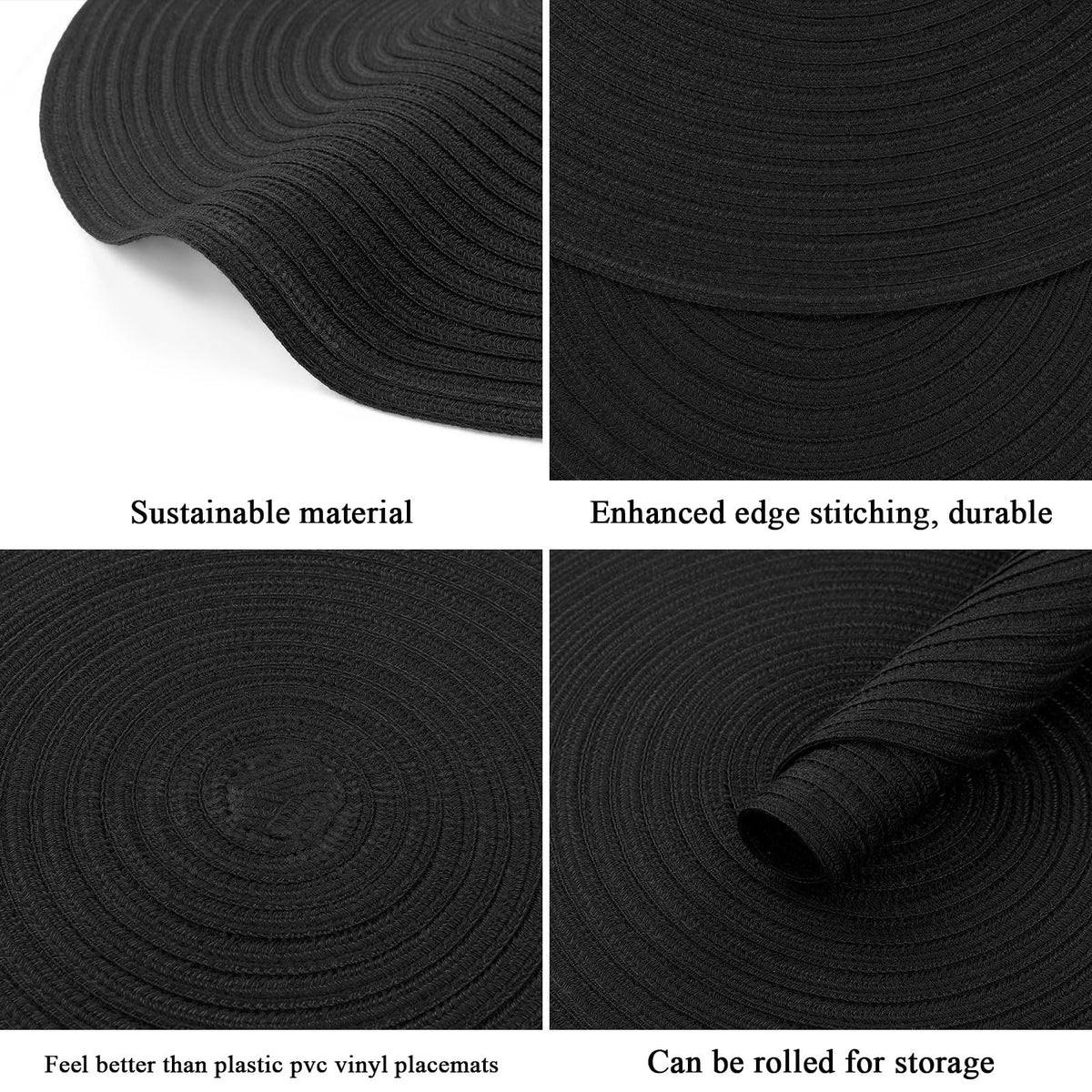 Round Braided Placemats Set of 8 Washable Cotton Polyester Woven Round Table Mats for Dining Tables 15 inch (Black, 8)