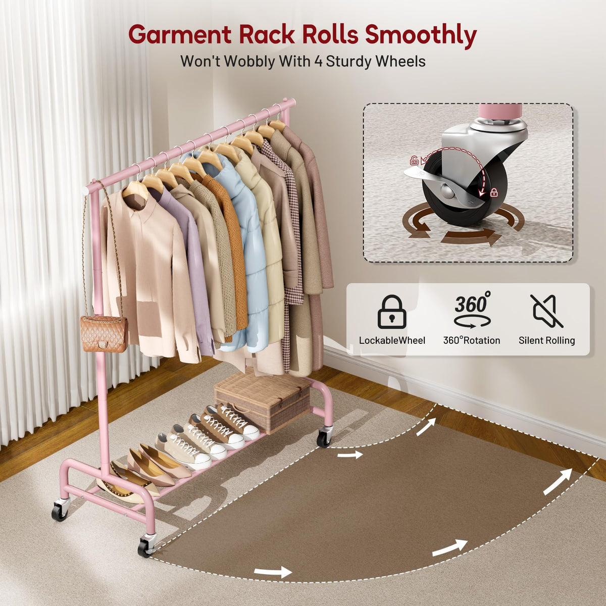 Heavy Duty Clothing Racks for Hanging Clothes Rack, 43" Wide Rolling Garment Rack Metal Clothing Hanger Rack with