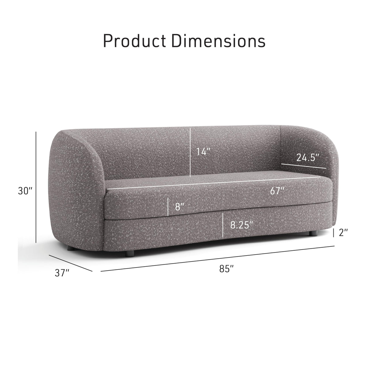 Nimiane Modern Boucle Sofa Couch with Curved Arms and Wooden Legs, Comfy Fabric Upholstered 3 Seater Couch, Charcoal