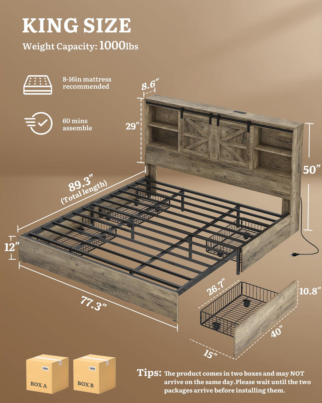 Bed Frame with Storage Bookcase Headboard & Sliding Barn Door