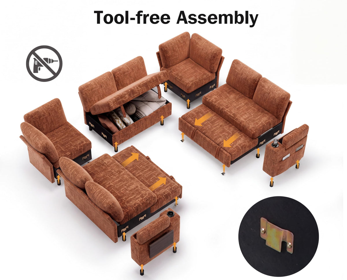 111" Modular Sectional Sleeper Sofa with Pull Out Bed, 8 Seat Chenille U Shaped Couch with USB Ports|Cup Holders|Side