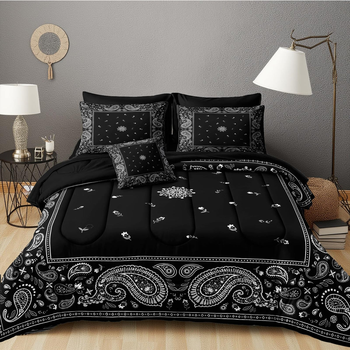 8 Pieces Paisley Comforter Set Queen Black Bedding Set with Sheet Set Boho Style Paisley Flower Comforter Set Decor