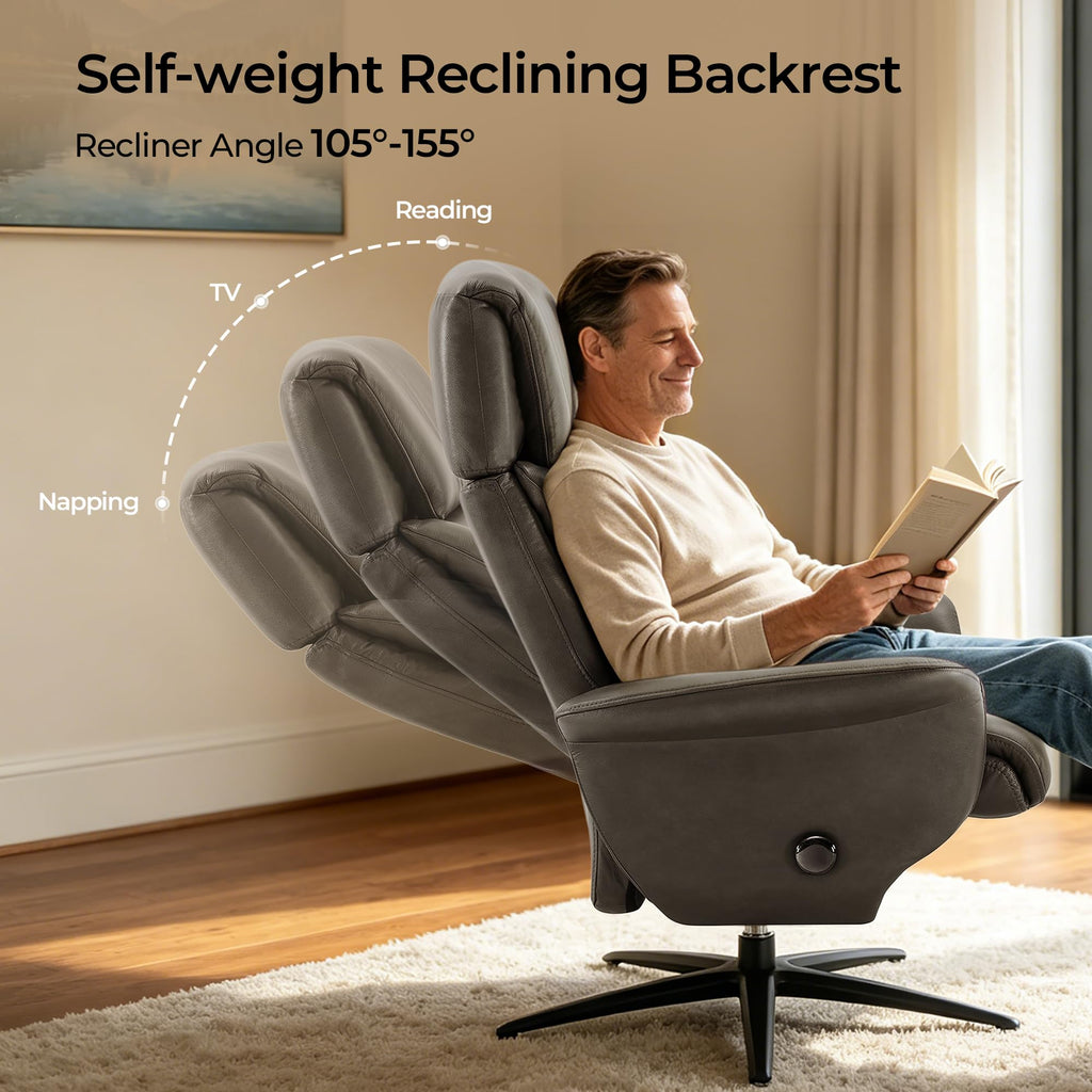 Self-Weight Genuine Leather Swivel Chair with Ottoman, Mink Brown
