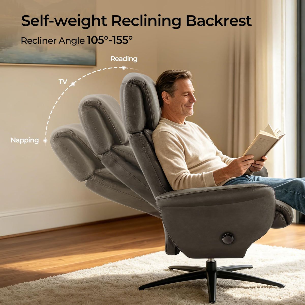Self-Weight Genuine Leather Swivel Chair with Ottoman, Mink Brown