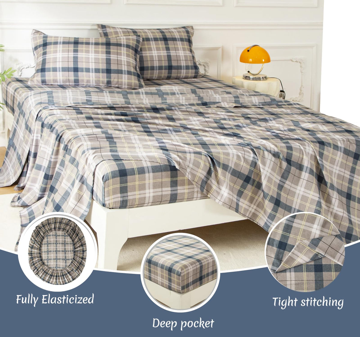 7PCS Gingham Comforter and Sheet Set, Plaid Bedding Set with for Man Woman Adult, Super Soft Microfiber Bedding