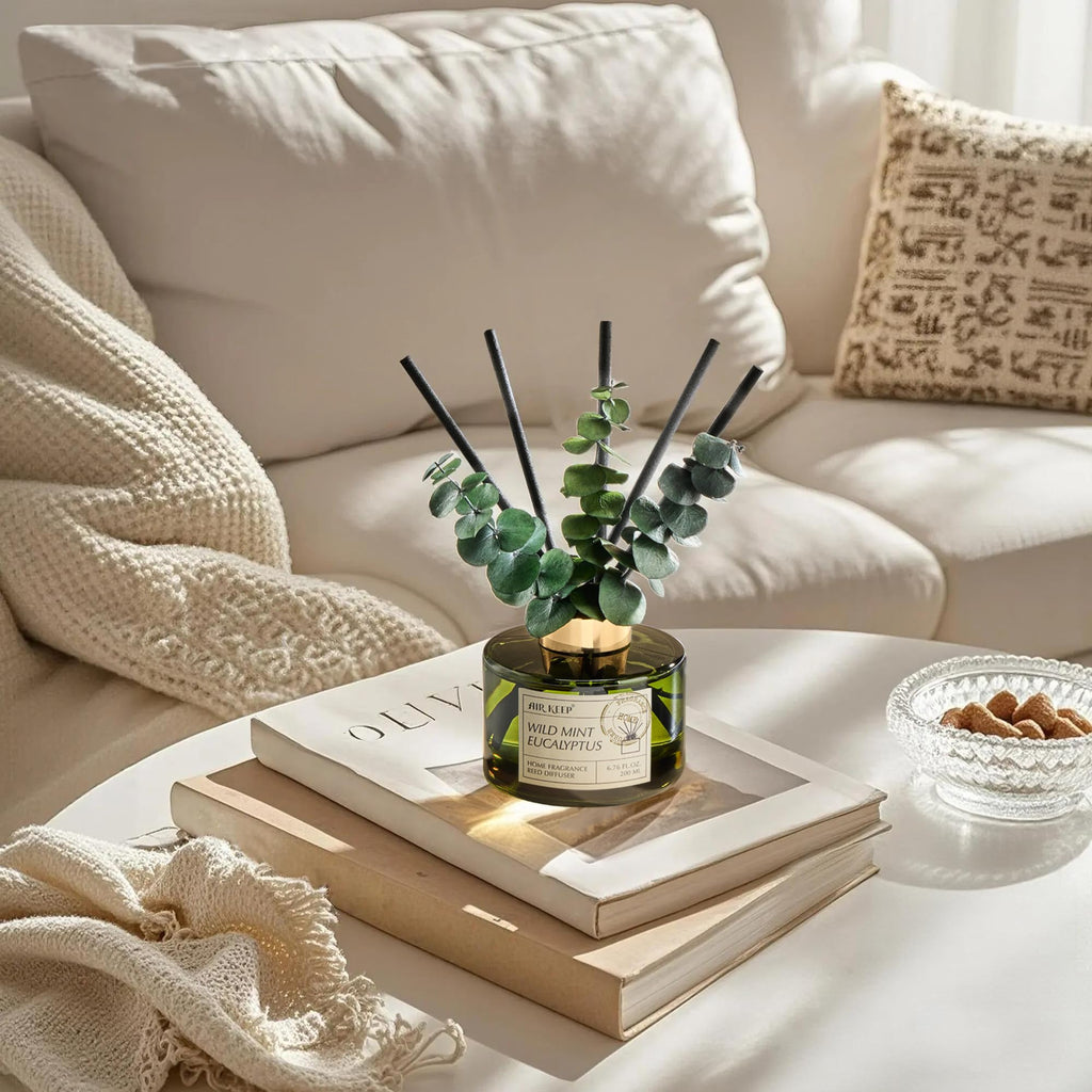 Reed Diffuser Set with 6.76 fl oz Wild Mint & Eucalyptus Scent Essential Oils and 3 Leaves & 8 Diffuser