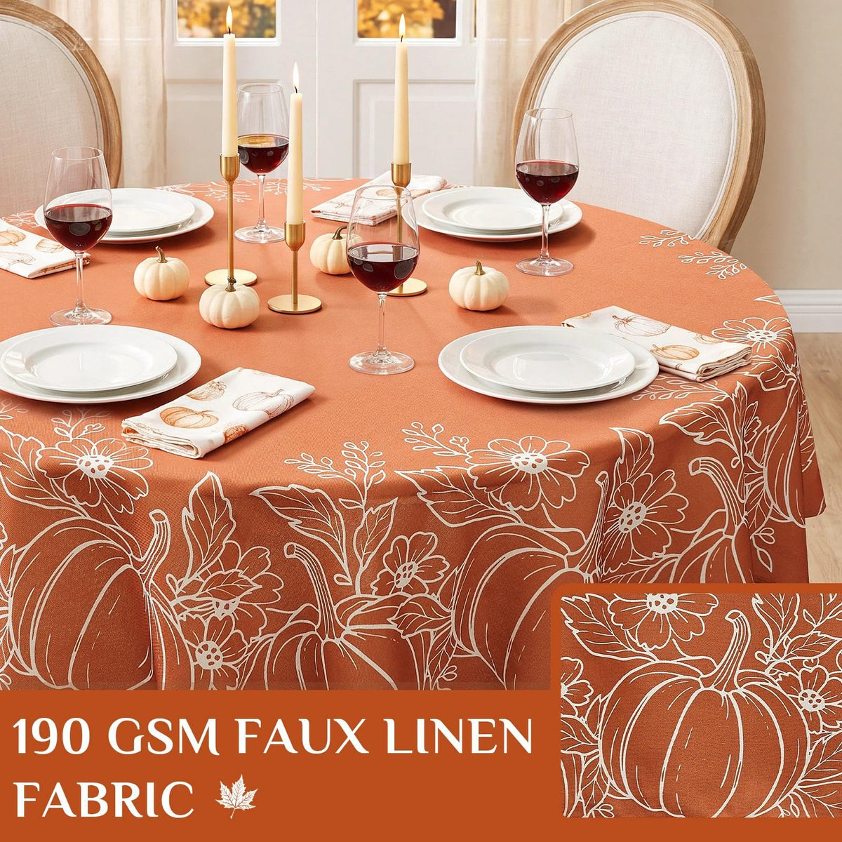 Faux Linen Round Fall Tablecloth 70 Inch, Autumn Table Cloth with Pumpkin & Maple Leaves, Orange Circle Table Cover