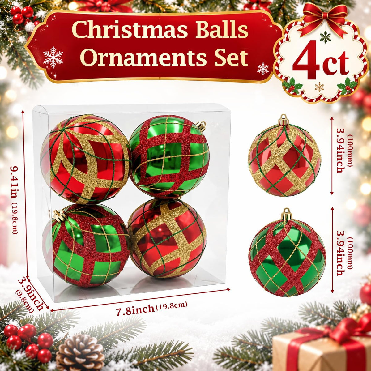 Large Christmas Ball Ornaments 4PCS 3.94" Big Shatterproof Balls
