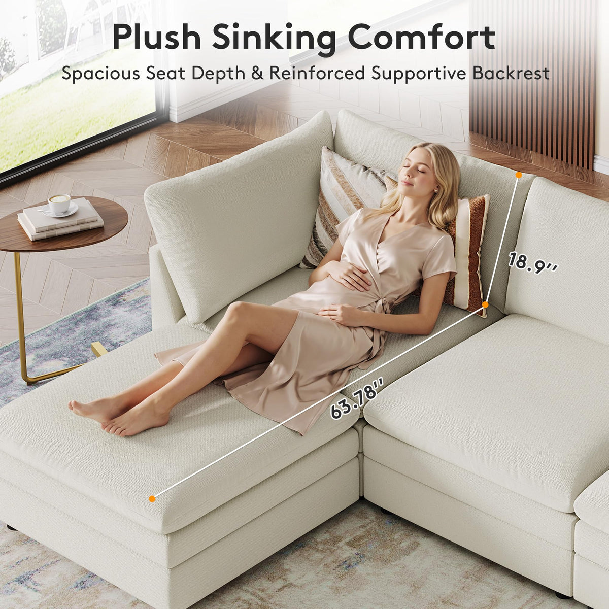 98" Large Cloud Modular Sectional Sofa with Ottoman, Beige Chenille