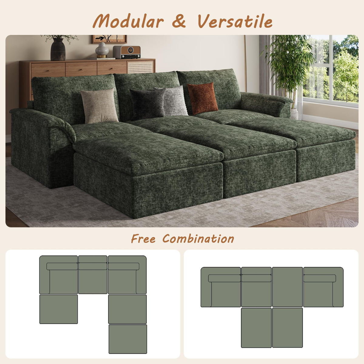 Boneless Sectional Couch, Cloud Sofa Bed, Green