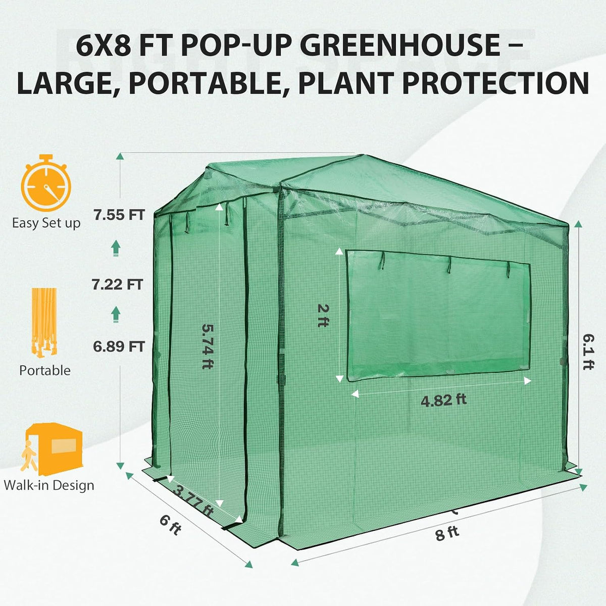 8x6 Easy Setup Pop Up Greenhouse, Clear/Green