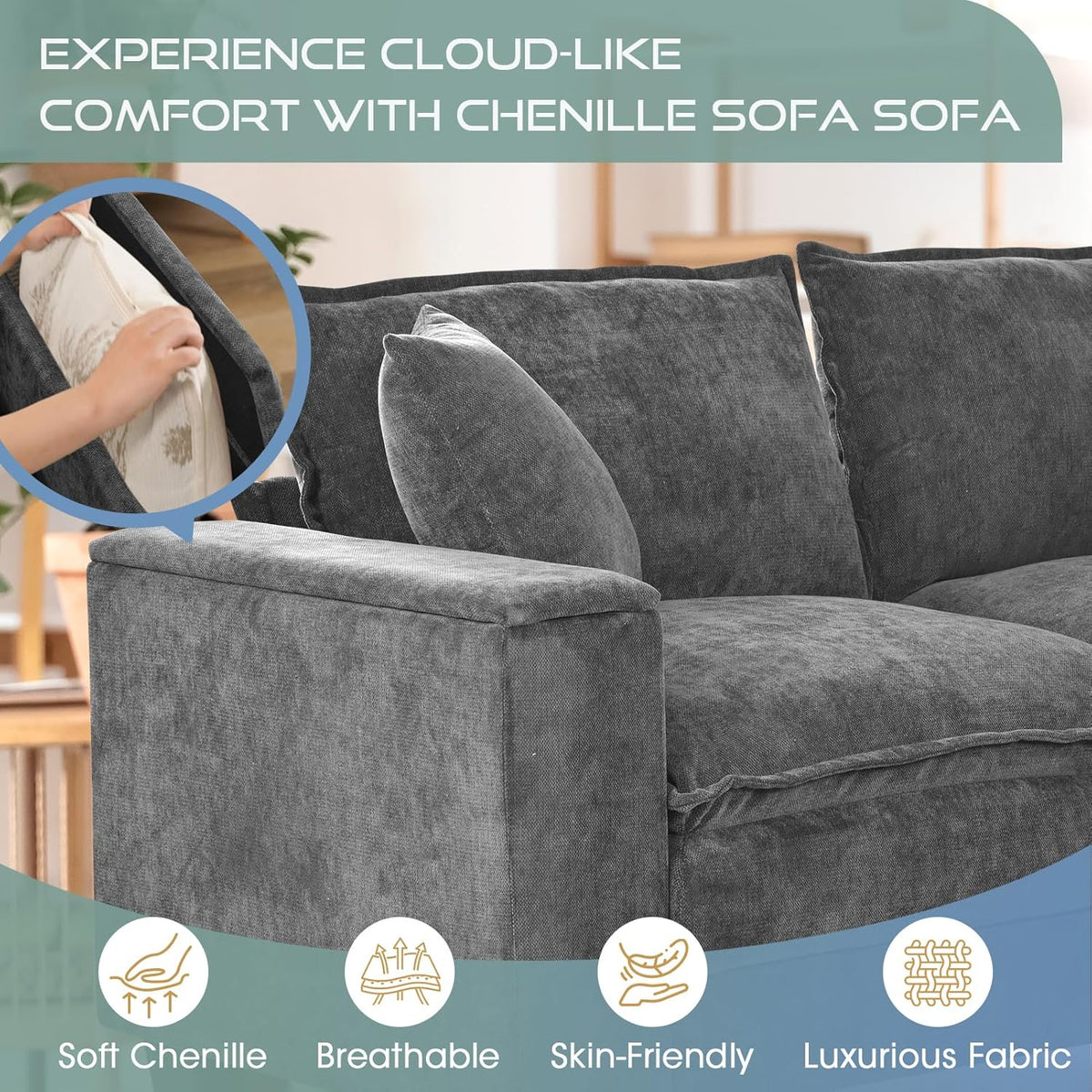 97" 5 Seater L Shaped Couch Corner Sofa, Oversized Cloud Couch with 2 Pillows Chenille Modular Sectional Sofa