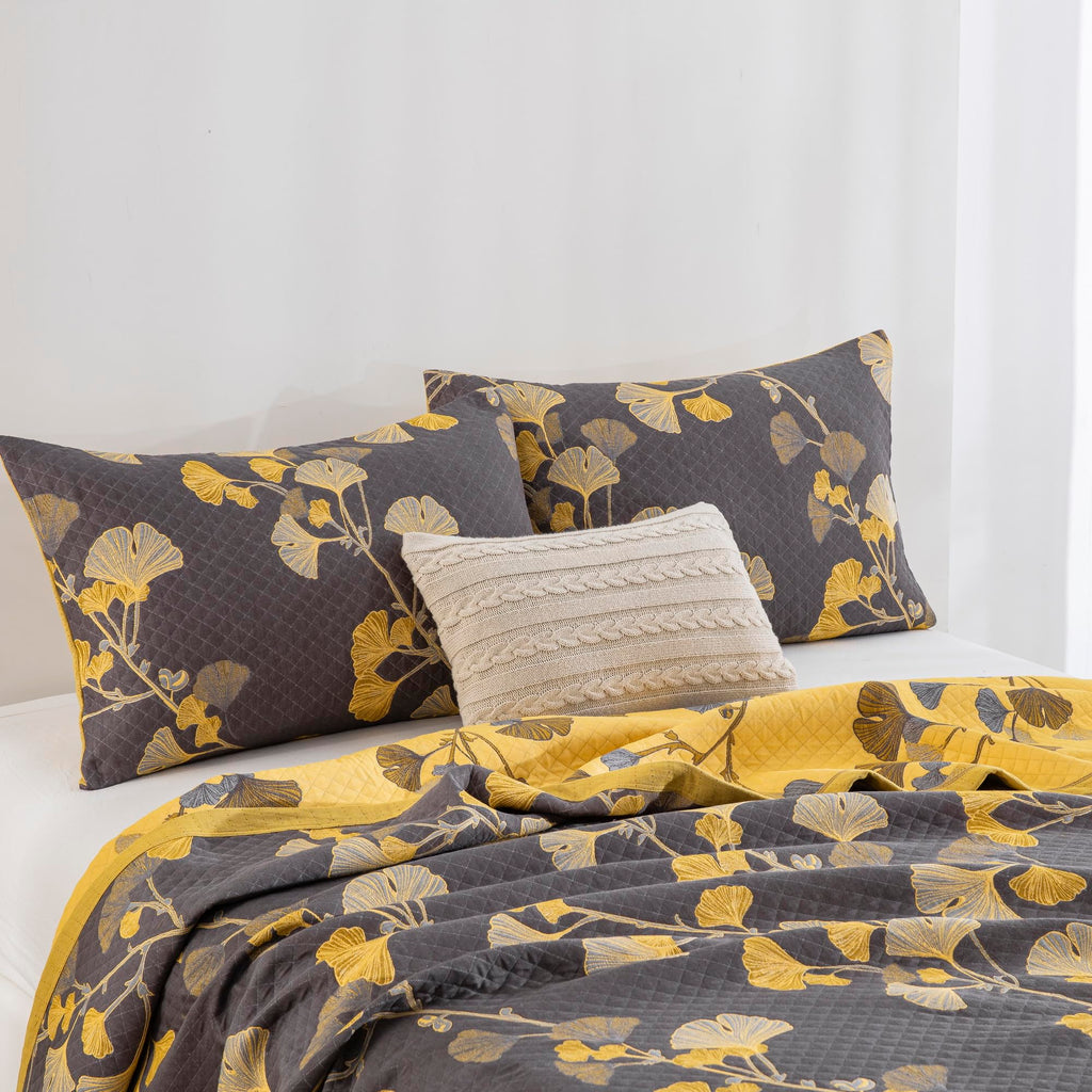 100% Cotton Muslin Jacquard 2 Piece Quilt Set Floral Ginkgo Leaf Print, Soft 3 Layers Gauze Bed Cover Reversible