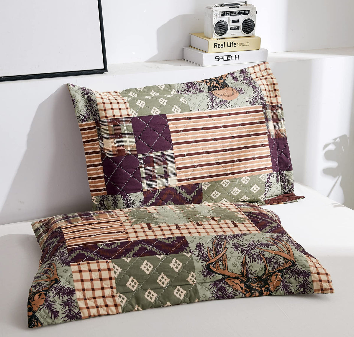 3-Piece Moose Pine Tree Reversible Quilt Set, Checked Color Stripe Rustic Home Lodge The Wilds Quilted Bedspread