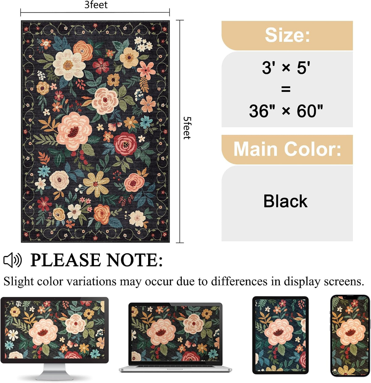 Area Rug, Floral Washable Rug Non Slip, Black