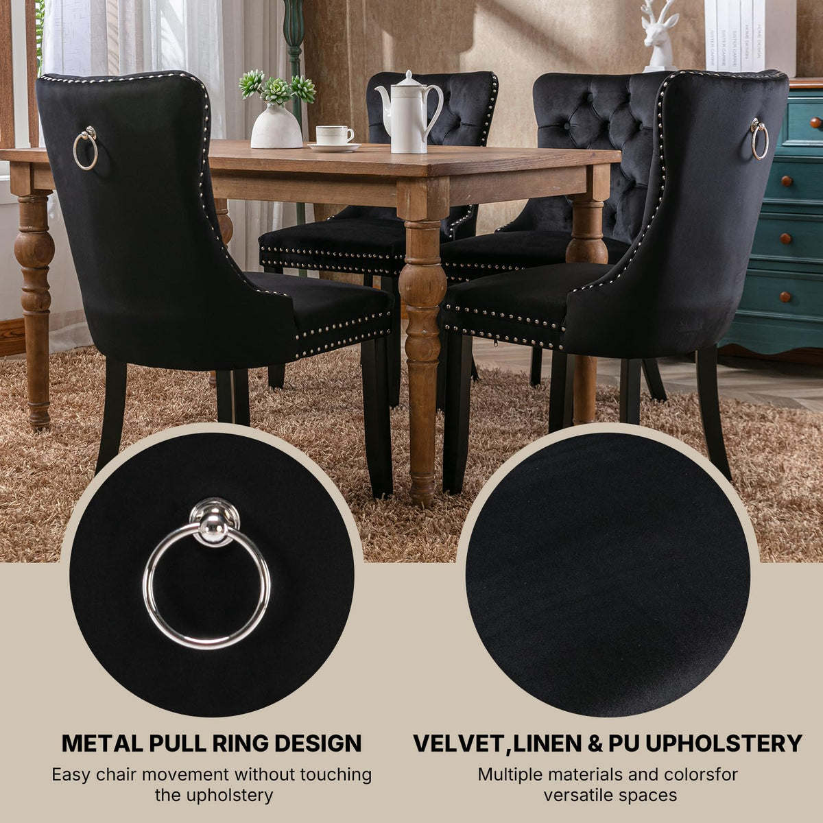 Modern Tufted Upholstered Dining Chairs Set of 4, Classic Black Velvet Dining Room Chair with Solid Wood Legs, Sillas
