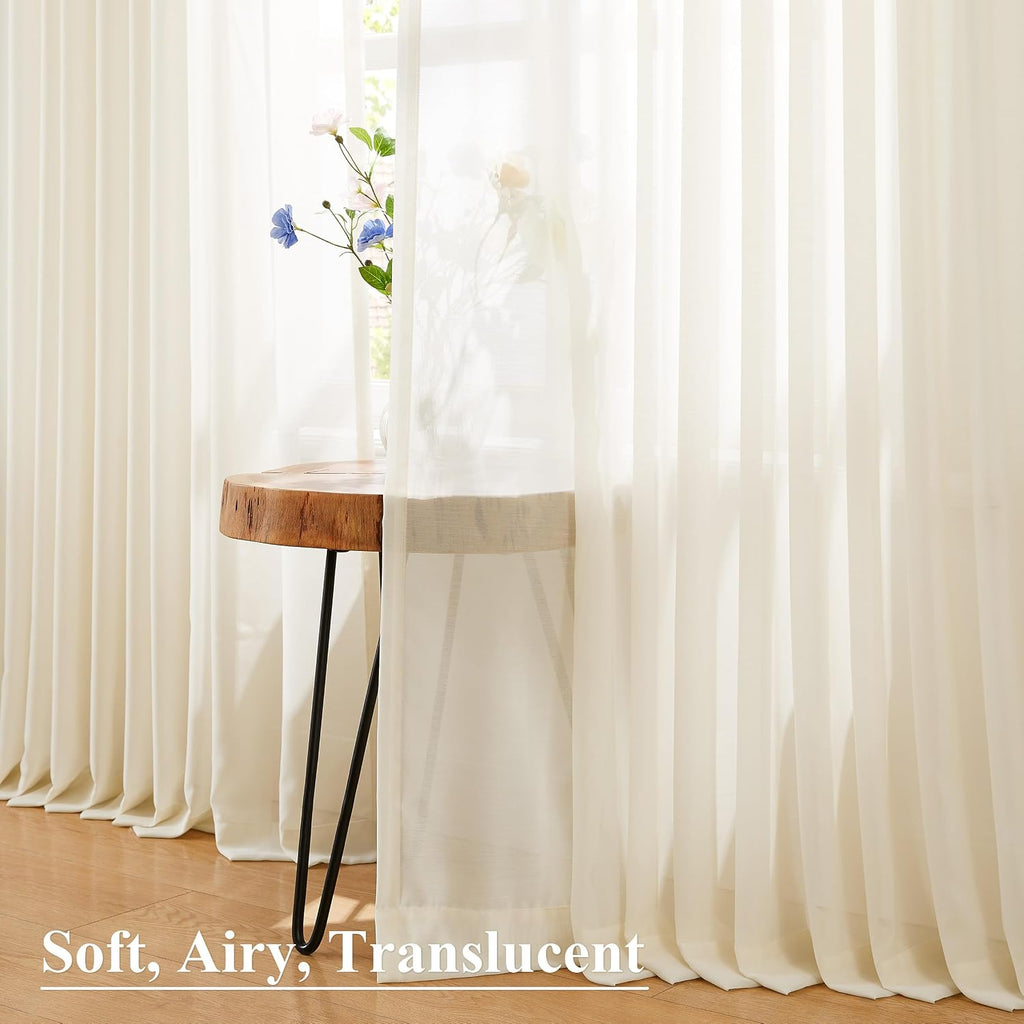 95 Inches Long Egret Ivory Pinch Pleated Sheer Curtains (Set of 2 Panels) for Bedroom Living Room Sliding Patio Door,Farmhouse Textured