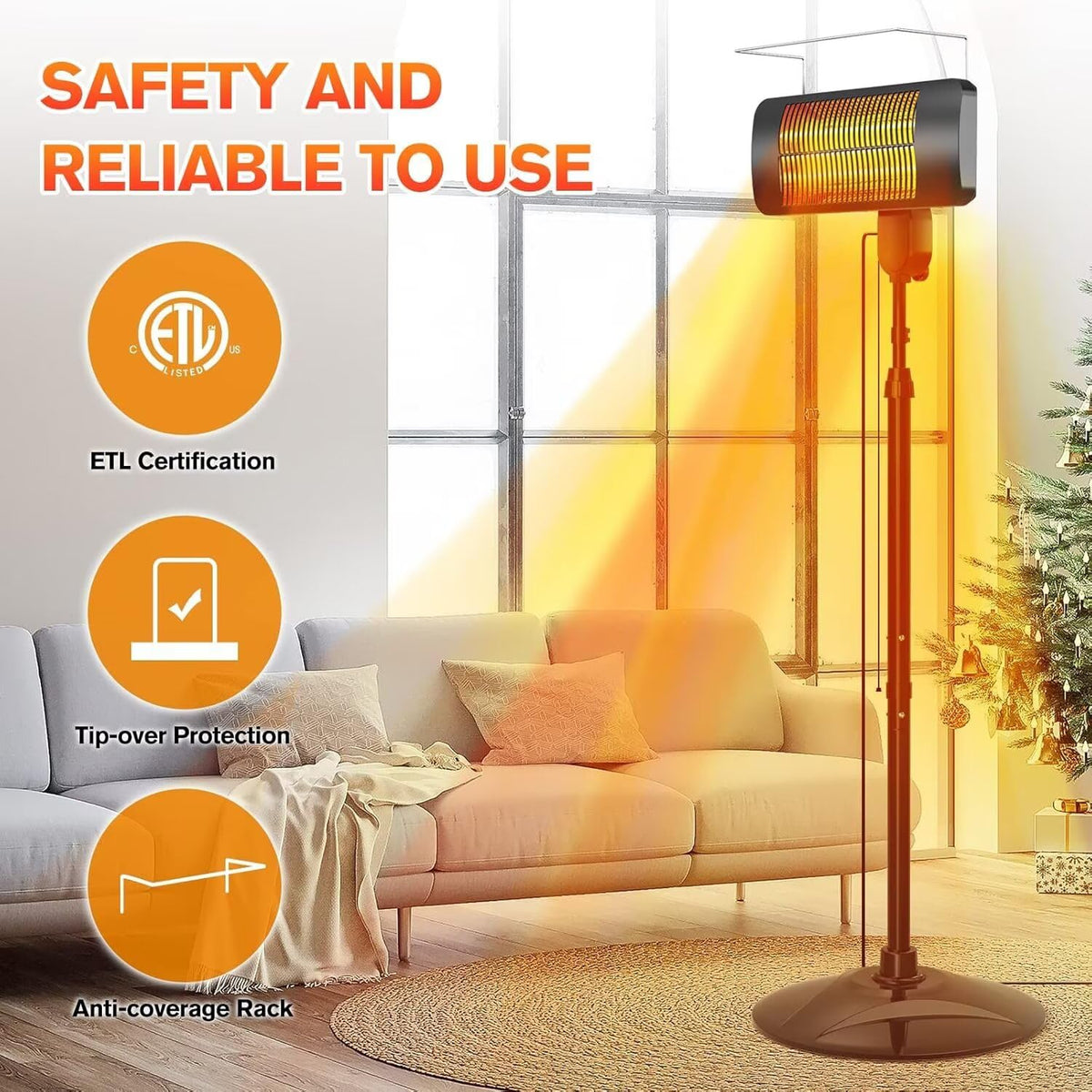 Outdoor Heaters, 1500W, 3 Heat Modes & 12H Timer, IP54 Waterproof Electric Heater with Adjustable Height, Tip-Over