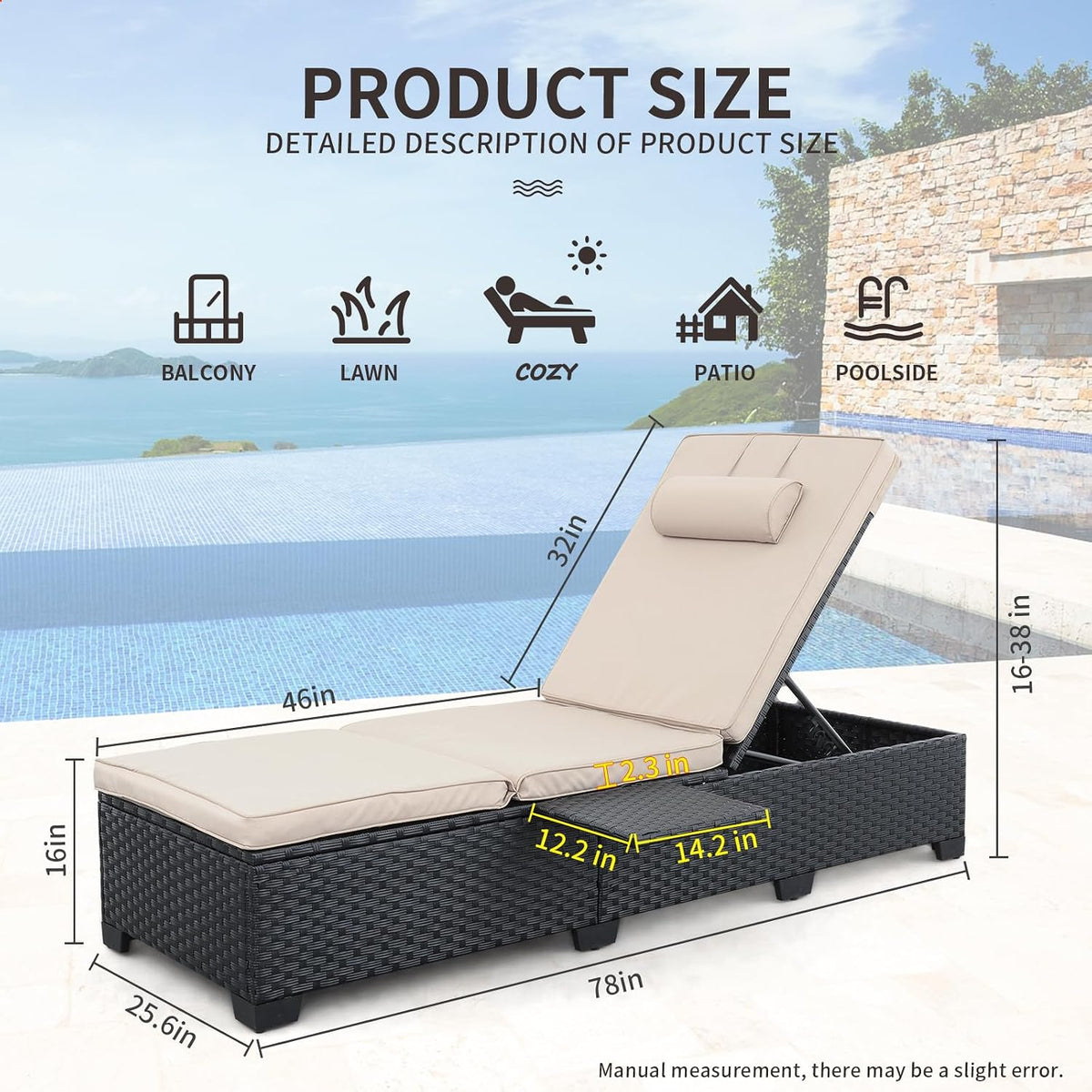 Outdoor Chaise Lounge Chairs for Outside Patio Furniture Set of 2 Wicker Recliner Black Rattan Sunbathing Lounger