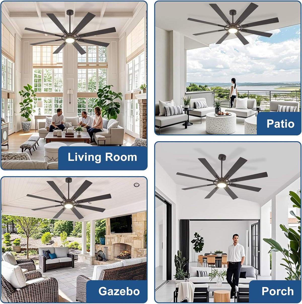 72" Black Outdoor Ceiling Fan with Light & Remote