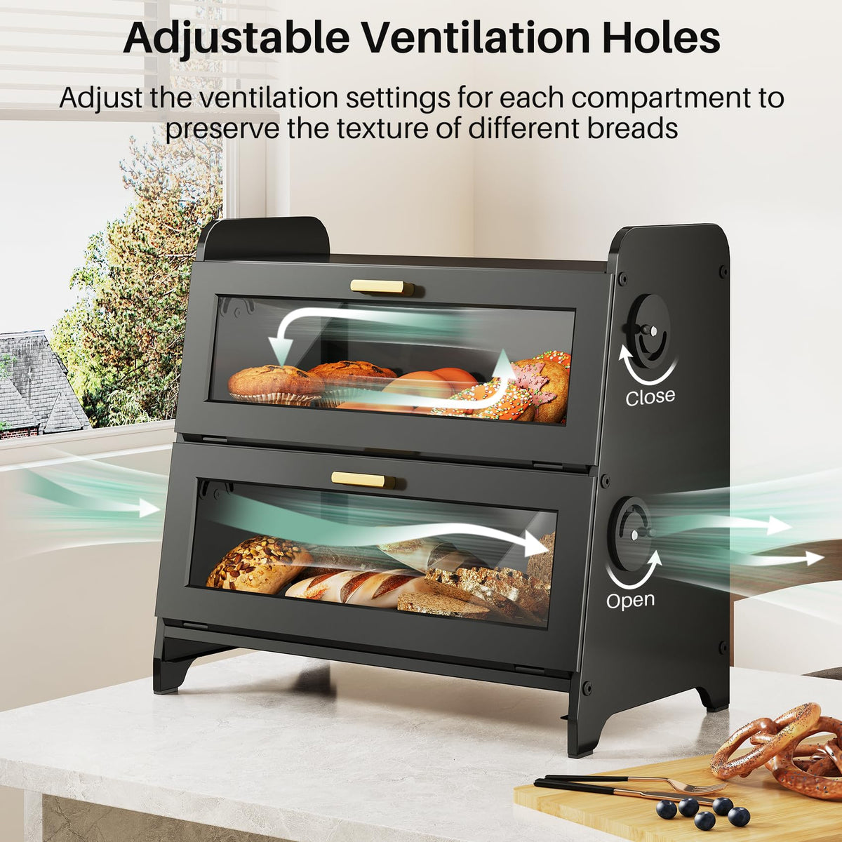 Bread Box - 2 Tier Countertop, Adjustable Ventilation, Black