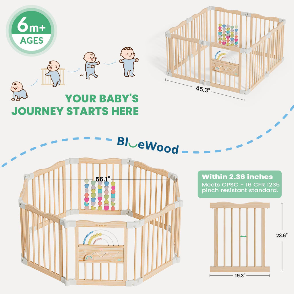 Foldable Wooden Baby Playpen, 45 x 45 x 24 inches, Pastel Dream, Natural