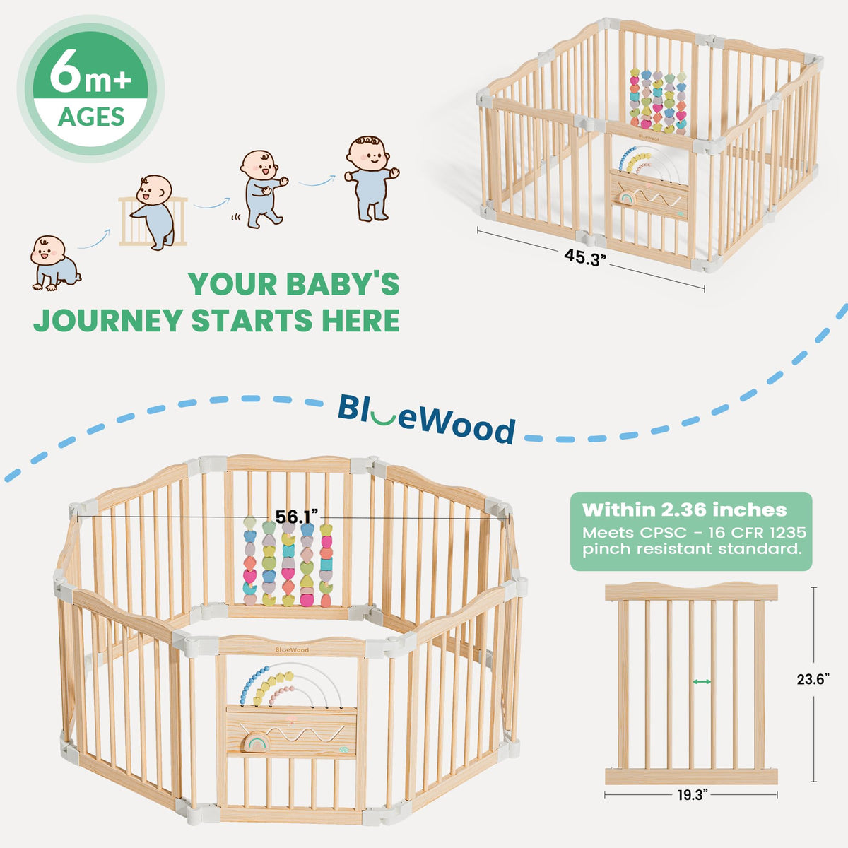 Foldable Wooden Baby Playpen, 45 x 45 x 24 inches, Pastel Dream, Natural