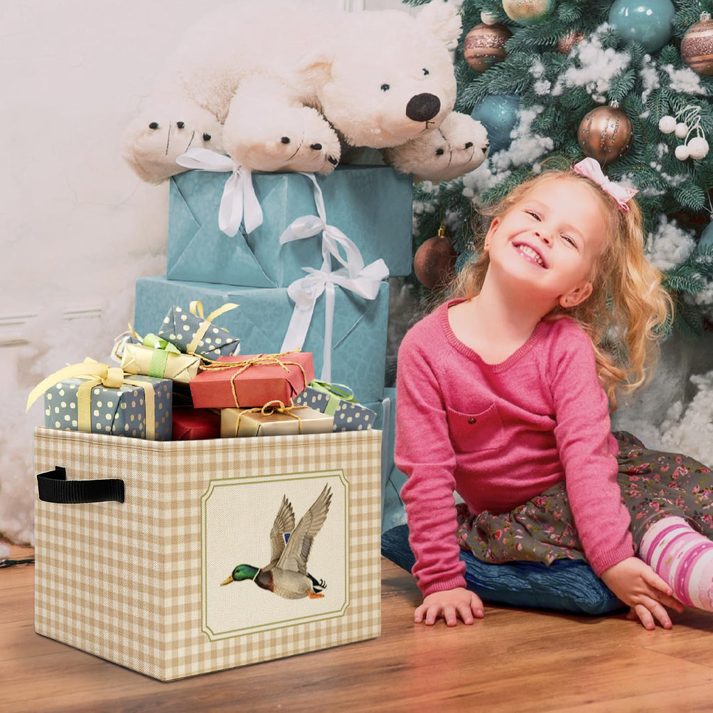 Mallard Duck Checkered Nursery Storage Bins Box with Handles, Beige White Plaid Flying Mallard Laundry Basket Hamper