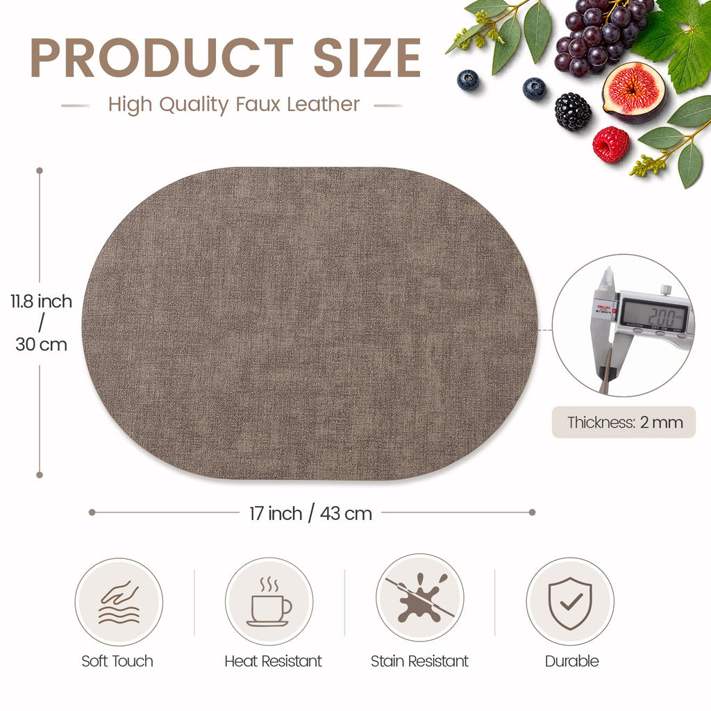 Oval Faux Leather Placemats Set of 6, Easy to Clean, Dark Brown