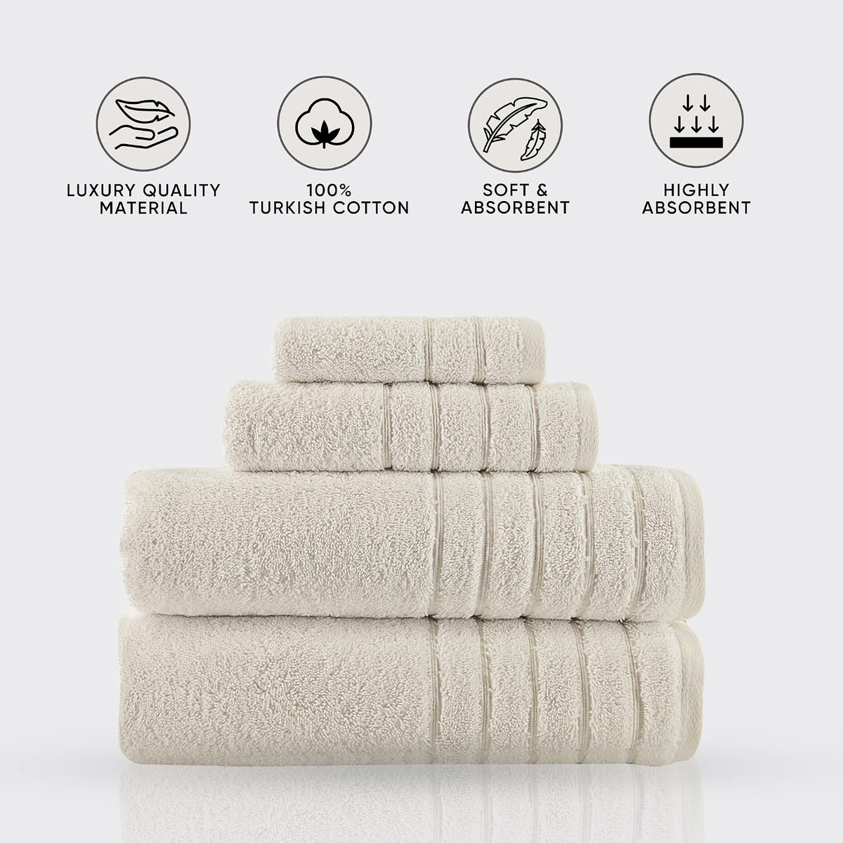Luxury 4 Piece Towels Set, Made with 100% Turkish Cotton, Highly Absorbent & Comfy, Includes 2 Bath Towels, 1 Hand