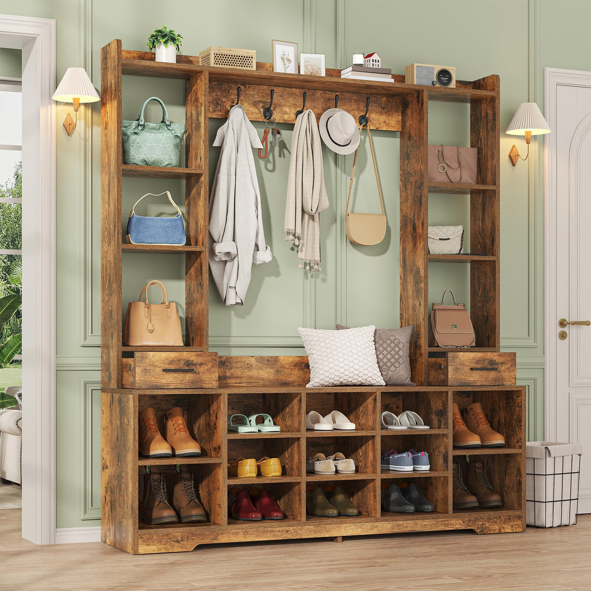 61.6" Farmhouse Hall Tree with 2 Independent Drawers, 6-in-1 Entryway Bench with Coat Rack Adjustable Shoe Storage for