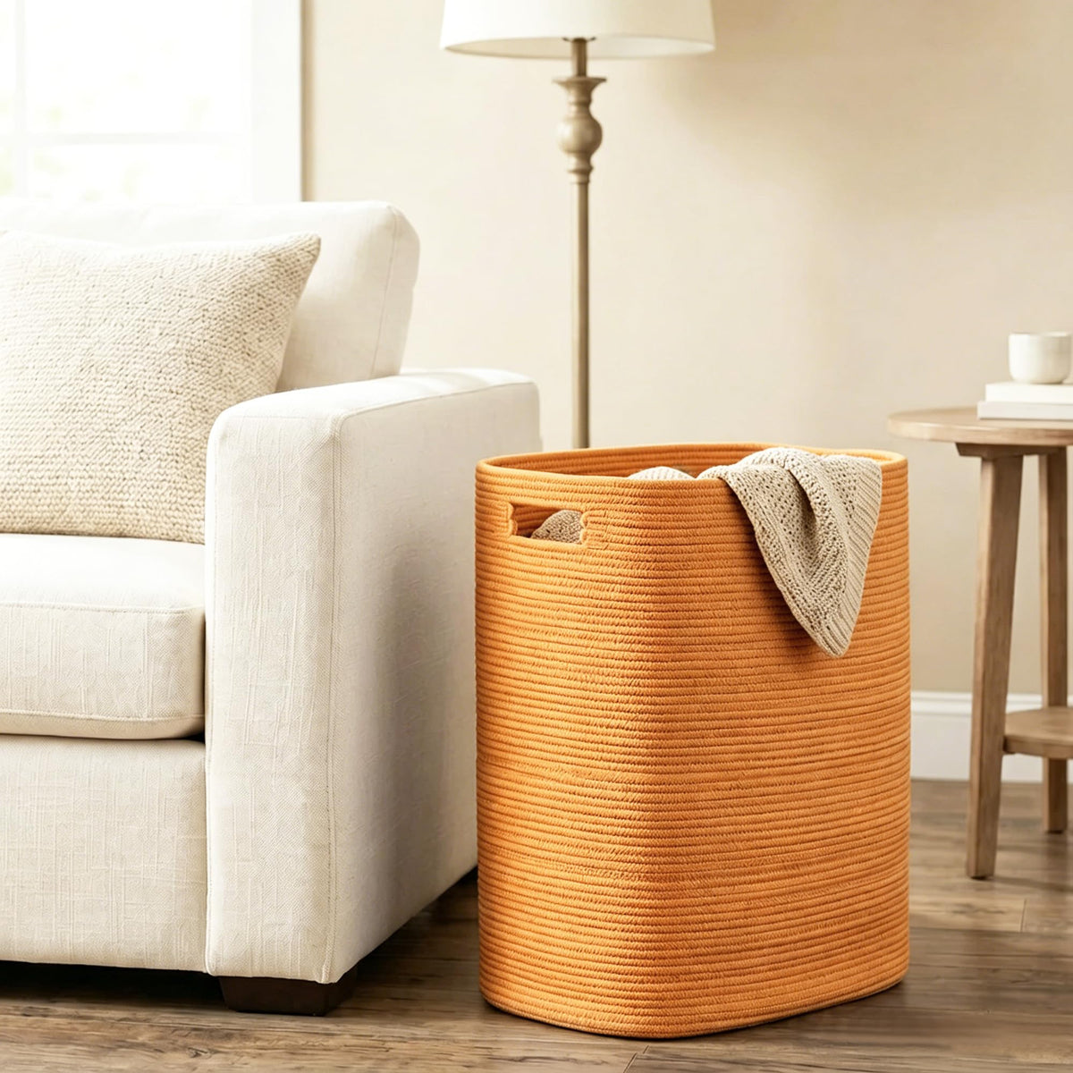 Orange Laundry Hamper 16"x13"x22" - Tall Woven Laundry Basket, Large Cotton Rope Clothes Hamper, Bedroom Aesthetic