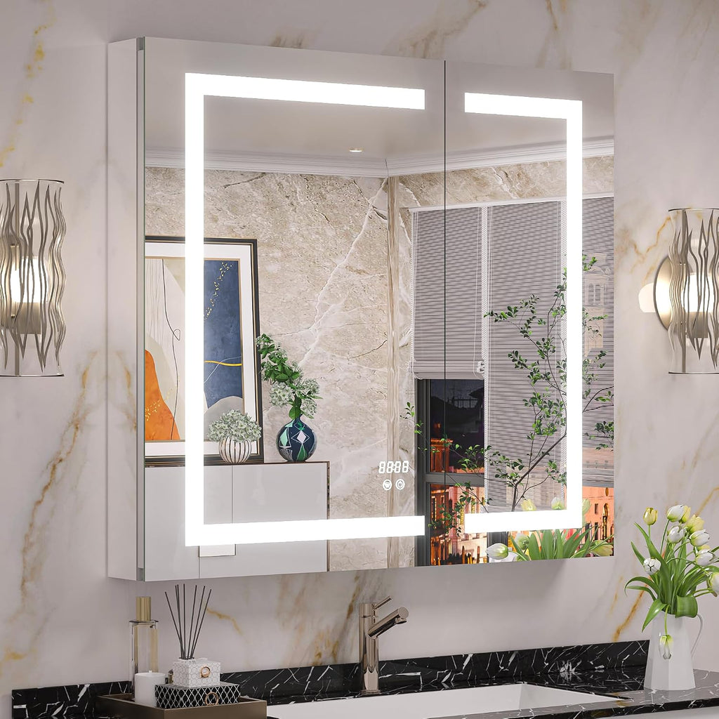 36 x 32 Inch Medicine Cabinet with Lights, LED Medicine Cabinet with Bluetooth Clock and Outlets, 3 Colors Light with