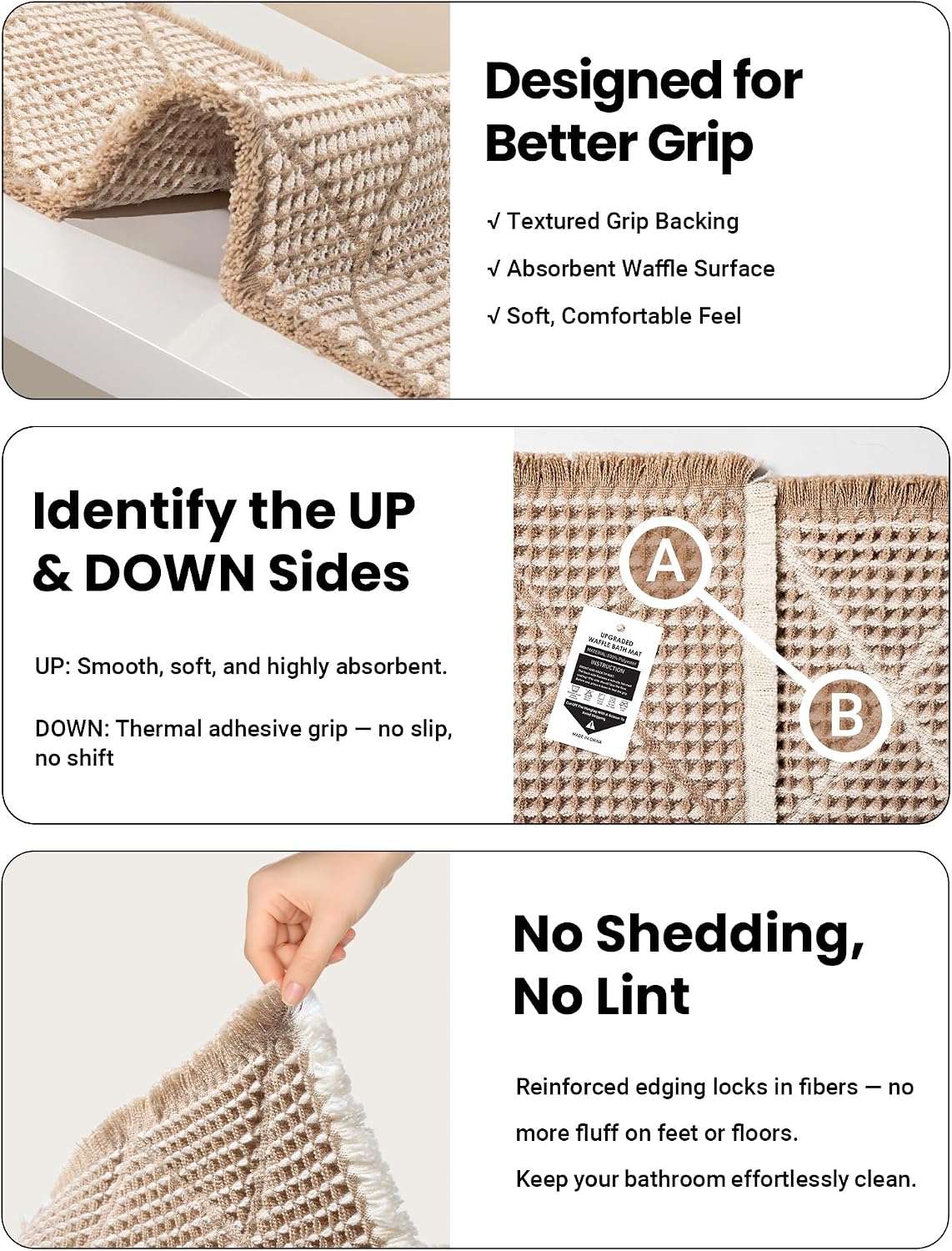 Waffle Bath Mat Set, Non Slip Bathroom Rugs 2 Piece, Brown & White | Ultra Absorbent Long Bath Rug Runner Boho Chic