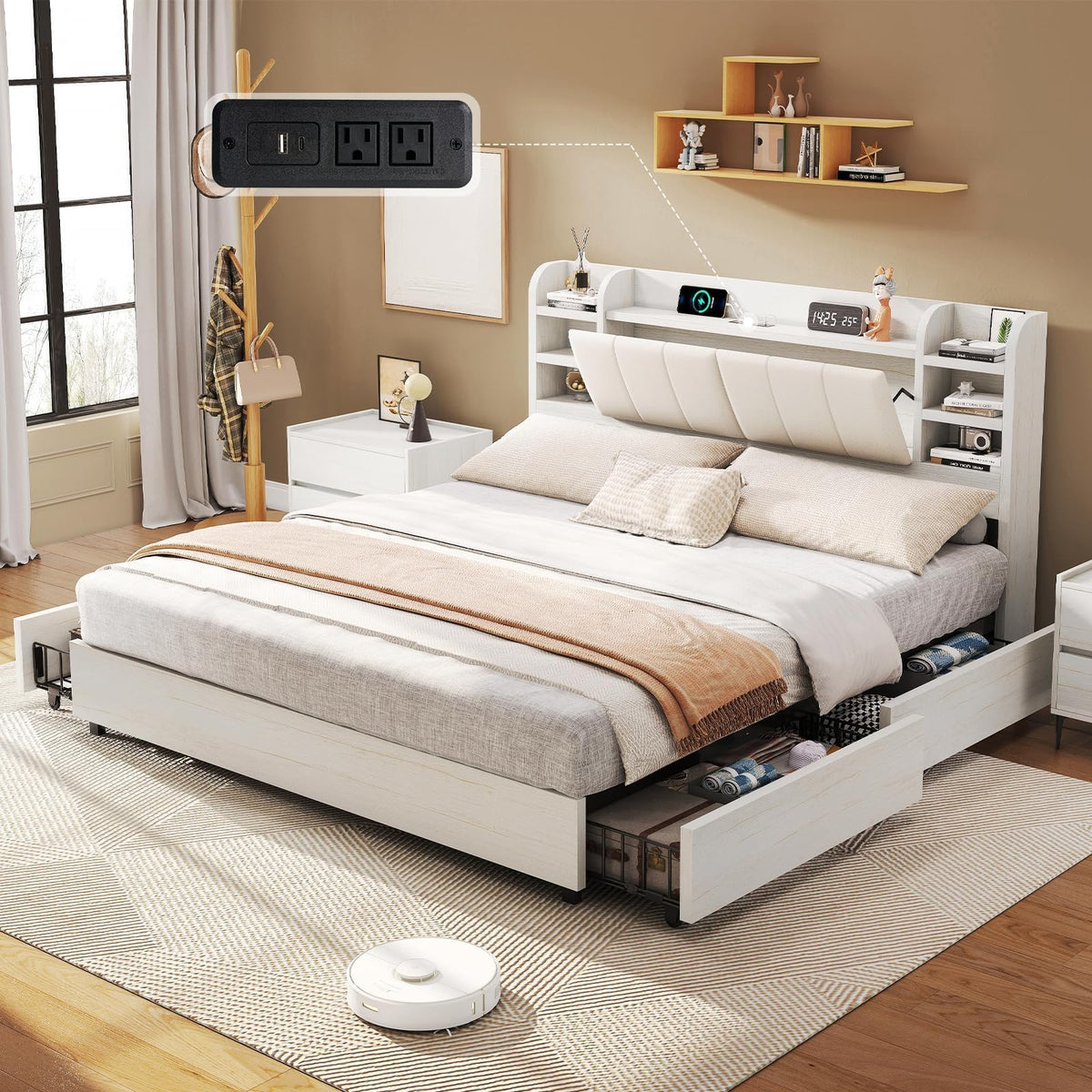 Bed Frame with Headboard & Charging Station, Rustic White