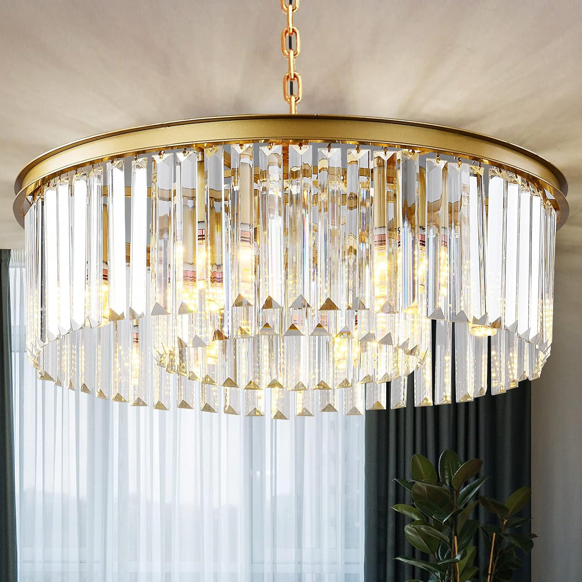 Two-Tier Round Gold Crystal Flush Mount Chandelier, Modern Glam