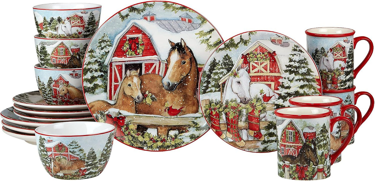 Homestead Christmas Piece Dinnerware Set - Holiday Tableware for 4 with Festive Horse & Barn Scenes - Winter